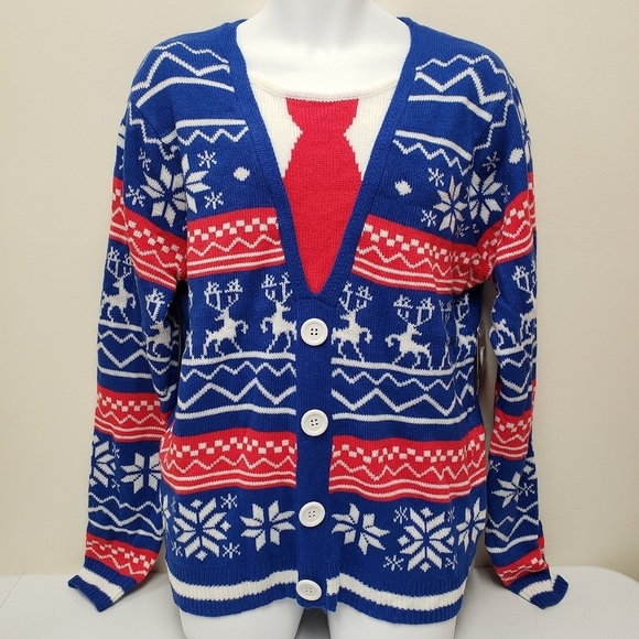 Jolly Sweaters Mens Faux Cardigan Christmas Holiday Sweater Size Large - Picture 1 of 7